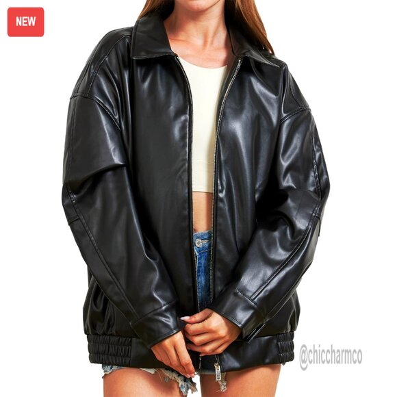 Oversized Faux Leather Jacket Women's Motorcycle Bomber Coat Fall Winter